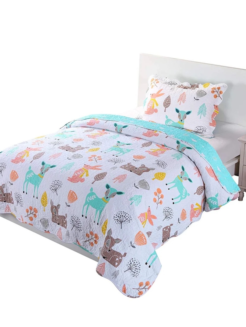 Kids Woodland Deer Full cotton Quilt Set - Mint and White